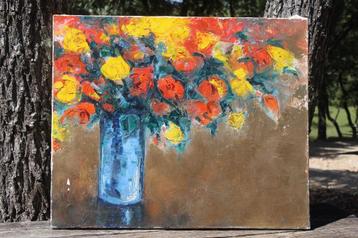 Brocante - Zomers schilderij met bloemen! beschikbaar voor biedingen