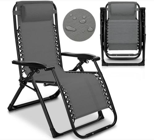 Inkapbare tuinstoel Grijs, ligstoel, met hoofdkussen, Tuin en Terras, Tuinstoelen, Nieuw, Aluminium, Inklapbaar, Verstelbaar, Ophalen of Verzenden