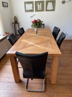 Eiken eettafel met 6 stoelen ( bruin leer), Huis en Inrichting, Tafels | Eettafels, 200 cm of meer, 100 tot 150 cm, Rechthoekig
