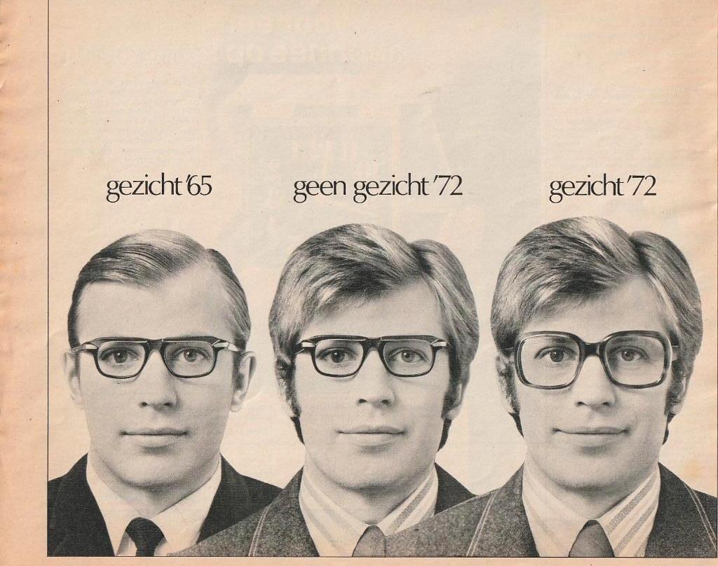 retro reclame 1972 Opticiën man met oude & nieuwe bril, Verzamelen, Retro, Verzenden, Overige typen