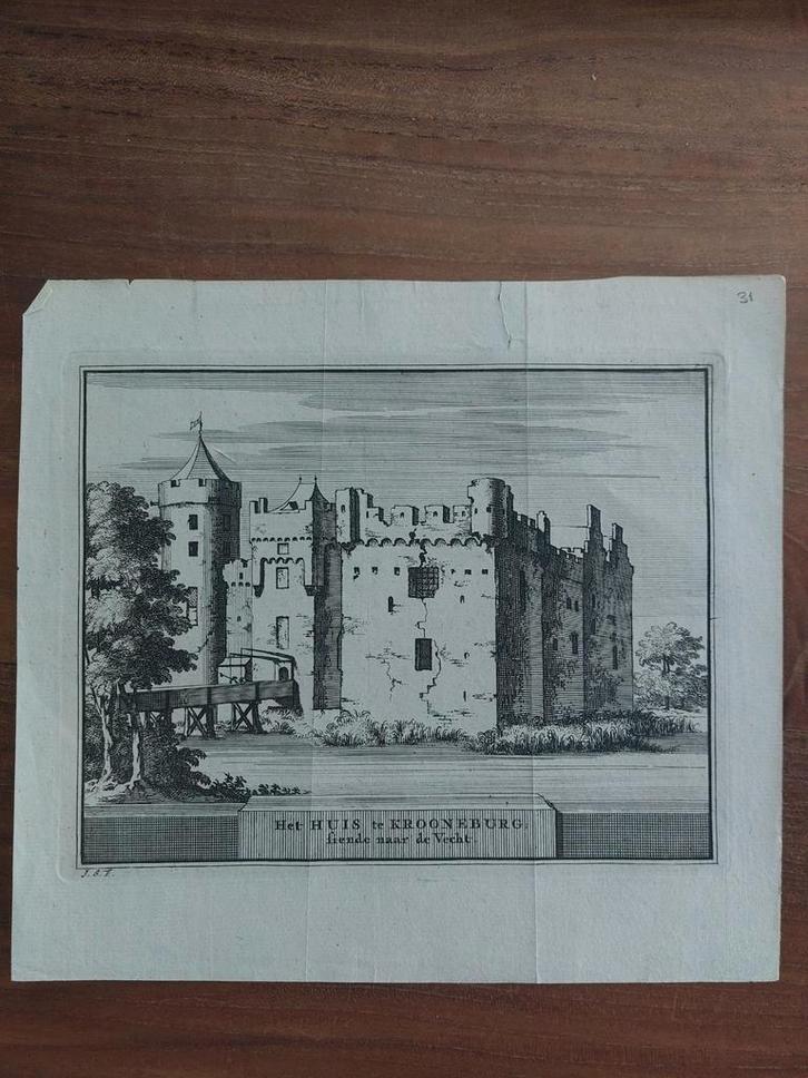 31 Huis te Krooneburg aan de Vecht - Originele gravure 1736, Antiek en Kunst, Kunst | Etsen en Gravures, Ophalen of Verzenden