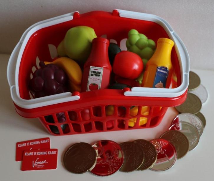 Speelgoed-winkelmandje met groenten, fruit, flessen, munten, Verzamelen, Supermarktacties, Vomar, Ophalen of Verzenden