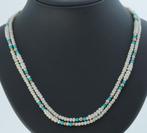 Turkoois en parel vintage ketting dames 14k slot goud bollen, Ophalen of Verzenden, Goud, Ketting, Met edelsteen