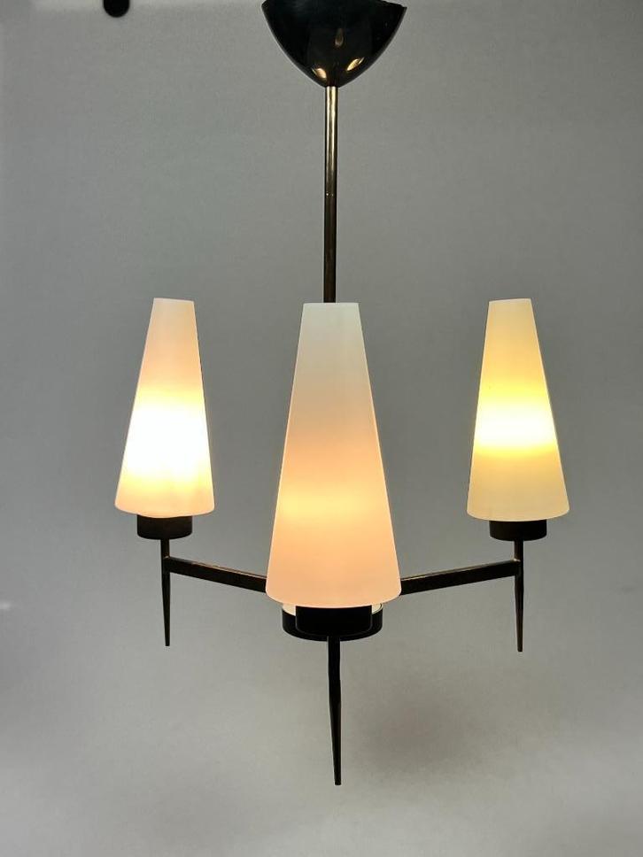Vintage Kroonluchter/Hanglamp, Messing  Melkglas, 1970's, Huis en Inrichting, Lampen | Hanglampen, Gebruikt, Minder dan 50 cm