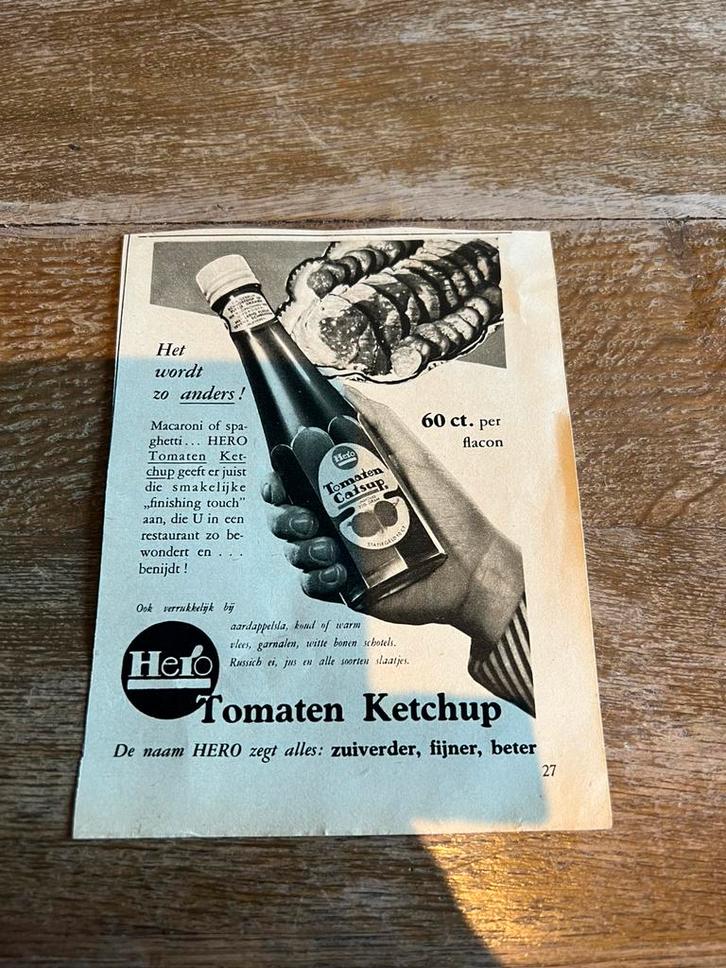 Oude reclame HERO tomatenketchup, Verzamelen, Tijdschriften, Kranten en Knipsels, Knipsel(s), 1920 tot 1940, Ophalen of Verzenden