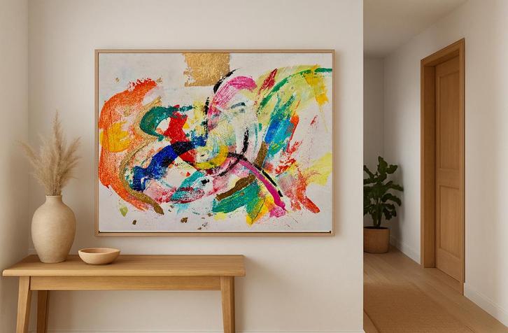 Kleurrijk Abstract Schilderij met Bladgoud, Antiek en Kunst, Kunst | Schilderijen | Abstract, Ophalen of Verzenden