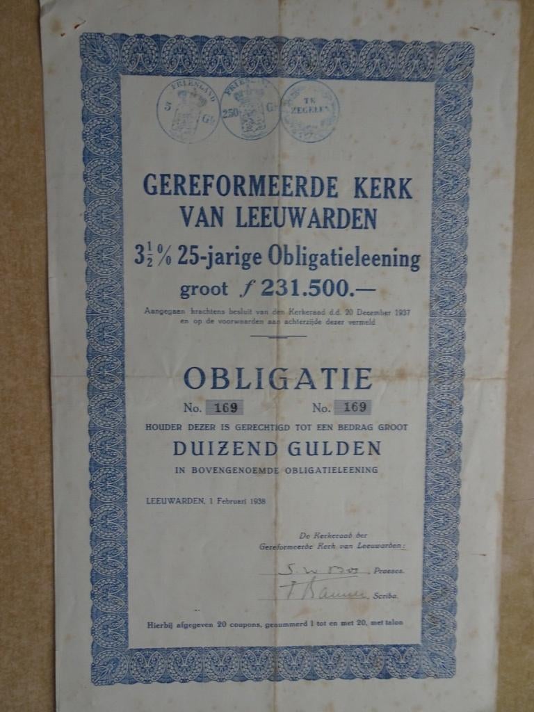 Obligatie 1000 gulden Gereformeerde kerk van Leeuwarden.1938, Postzegels en Munten, Aandelen en Waardepapieren, Ophalen of Verzenden