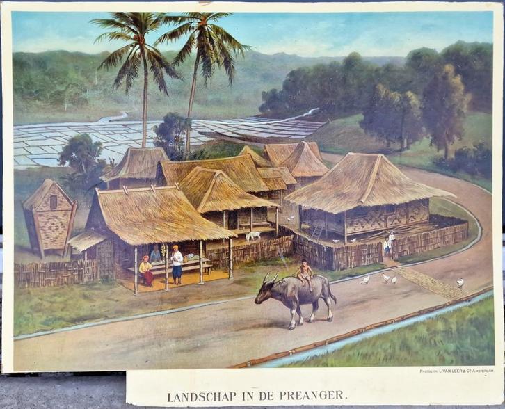 Landschap in de Preanger / Illustrator onbekend, Antiek en Kunst, Antiek | Schoolplaten, Ophalen