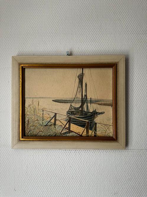 Aquarel van vissersboot aan steiger – gesigneerd D.B. (1982), Antiek en Kunst, Kunst | Schilderijen | Klassiek, Ophalen of Verzenden