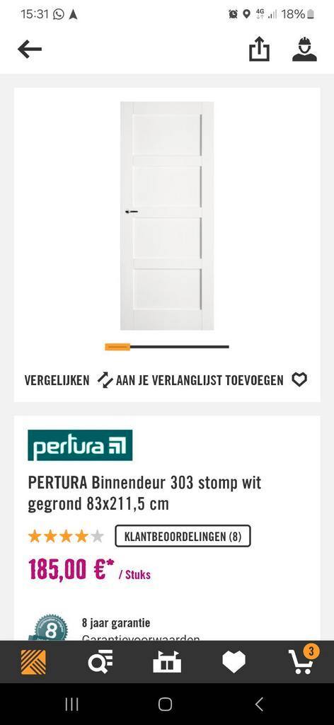 Pertura binnendeur, deur zgan, grondverf 9010 211,583cm, Doe-het-zelf en Verbouw, Deuren en Horren, Zo goed als nieuw, Binnendeur