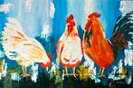 Van Bavel- kleurrijke kippen- Handgeschilderd (100%)-, Antiek en Kunst, Kunst | Schilderijen | Modern, Ophalen of Verzenden