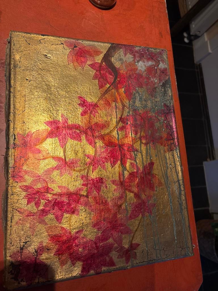 Schilderij met bladgoud en bloemen - 30.5x40.5cm, Ophalen of Verzenden