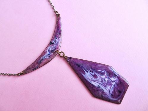 jwg Vintage 60s 70s emaille modernist hanger ketting paars, Sieraden, Tassen en Uiterlijk, Antieke sieraden, Ketting, Koper, Verzenden