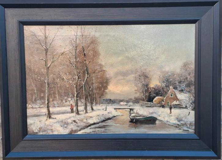 Winters landschap.  Sign. Olie/doek.  76/56 cm., Antiek en Kunst, Kunst | Schilderijen | Klassiek, Ophalen