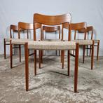 Vintage Deens design eetkamerstoelen jaren 60 70 teak wol, Vijf, Zes of meer stoelen, Ophalen of Verzenden, Bruin, Zo goed als nieuw