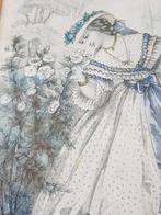 Mooie antieke ingelijste modegravure uit Frankrijk 34,3 cm., Antiek en Kunst, Kunst | Etsen en Gravures, Ophalen of Verzenden