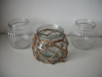 3 Potten Windlicht Glas met Touw - 15 x 13,5 - Nieuw   beschikbaar voor biedingen