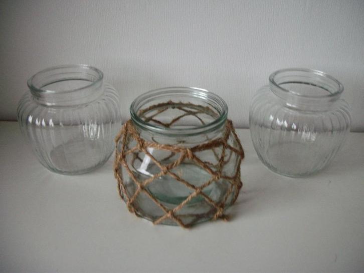 3 Potten Windlicht Glas met Touw - 15 x 13,5 - Nieuw, Huis en Inrichting, Woonaccessoires | Overige, Zo goed als nieuw, Ophalen of Verzenden
