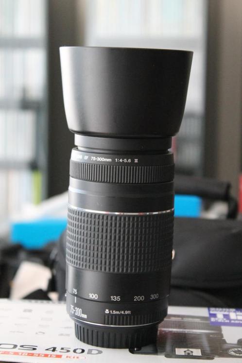 Canon EF 75-300mm/F4-5.6 III + UV + zonnekap in doos, Audio, Tv en Foto, Fotografie | Lenzen en Objectieven, Zo goed als nieuw