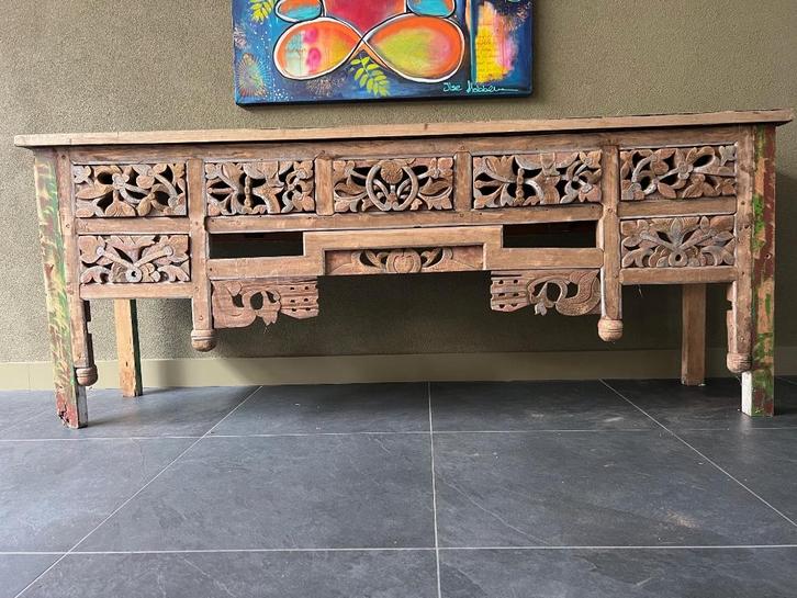 Bali houtsnijwerk dressoir Indonesie Indisch old wood 201 cm, Huis en Inrichting, Kasten | Dressoirs, Nieuw, 200 cm of meer, 25 tot 50 cm