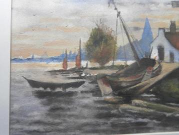 Mooie Aquarel Moioe lijst warelandsch MOLEN en Roeiboot  beschikbaar voor biedingen
