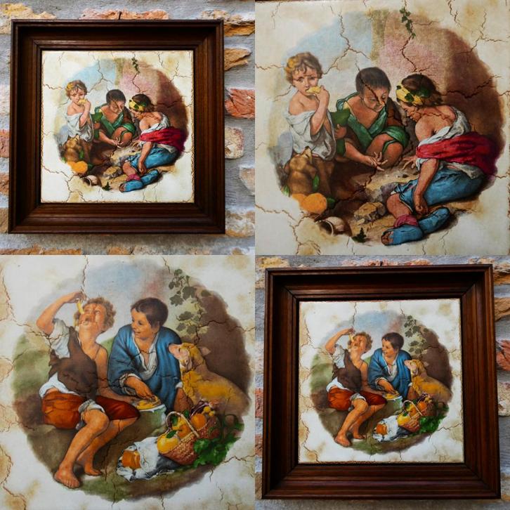 2 Tegels De Taarteters Dobbelaars dobbelen Esteban Murillo, Antiek en Kunst, Curiosa en Brocante, Ophalen of Verzenden