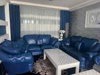 Mooie blauwe leren bankstel, Huis en Inrichting, Ophalen, Gebruikt, Rechte bank, 200 tot 250 cm