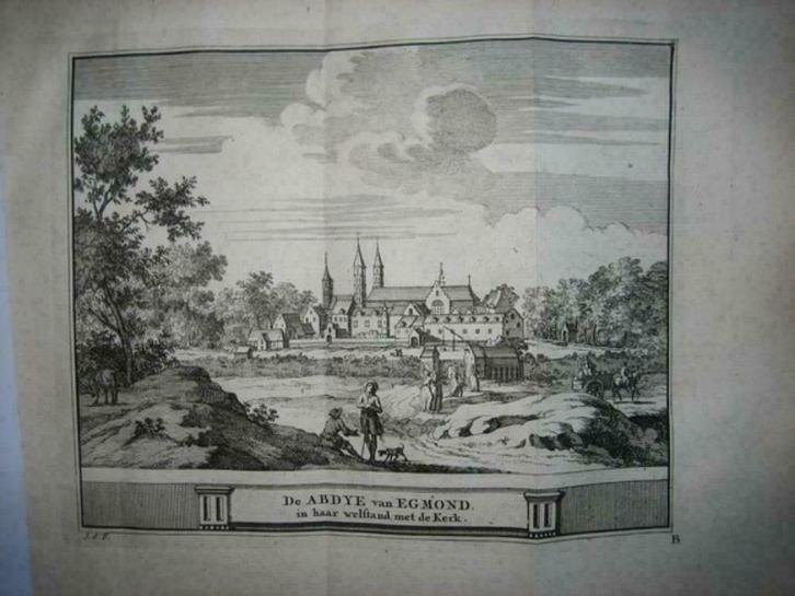 16 / Egmond   Abdij met Kerk    Kopergravure 1736, Antiek en Kunst, Kunst | Etsen en Gravures, Ophalen of Verzenden
