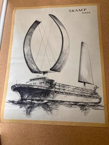 Houtskool Artist Impression Schip Frans Naerebout 1915-1988 beschikbaar voor biedingen