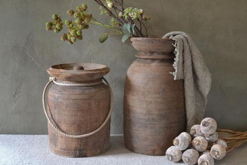 Grote oude houten Himachal pot / Nepalese kruik XL, Huis en Inrichting, Woonaccessoires | Vazen, Gebruikt, Overige kleuren, Minder dan 50 cm