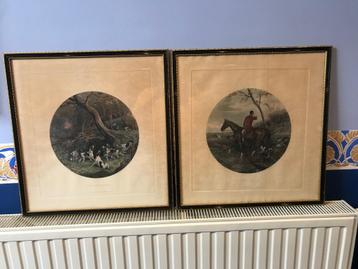 Twee antieke jachtprenten in lijst beschikbaar voor biedingen