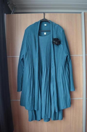 Mooie set van jurk met mantel, petrol, merinowol (mt 52/54) 