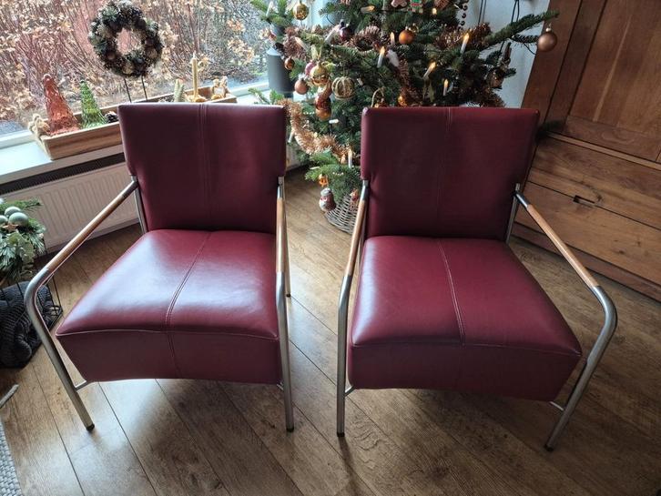 Bert Plantagie lederen stoelen (set van 2), Huis en Inrichting, Stoelen, Gebruikt, Twee, Leer, Metaal, Rood, Ophalen