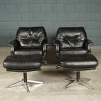 Set vintage lederen draaifauteuils met hocker – jaren 70, Ophalen of Verzenden, Huis en Inrichting