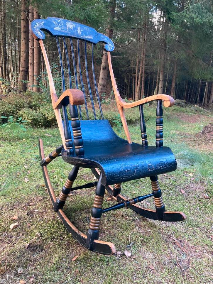 Origineel antiek zweeds scandinavisch design  schommelstoel, Huis en Inrichting, Stoelen, Gebruikt, Eén, Hout, Zwart, Ophalen of Verzenden