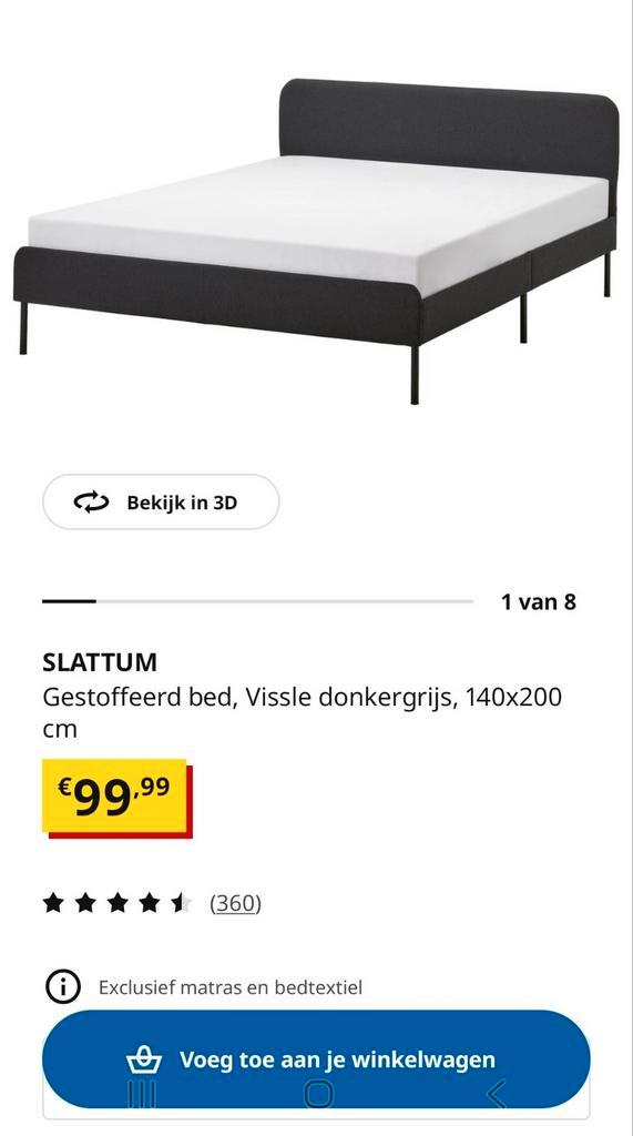 Ikea dokergrijs Slattum Bedframe 140x200 cm, Huis en Inrichting, Slaapkamer | Bedden, Zo goed als nieuw, Tweepersoons, 140 cm