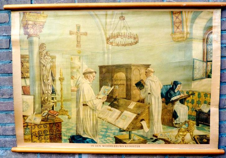 Een oude schoolplaat met een middeleeuws klooster, Antiek en Kunst, Antiek | Schoolplaten, Geschiedenis, Ophalen of Verzenden