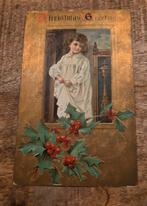 Antieke kerstkaart - meisje in pyjama - hulst, Verzenden, Voor 1920, Gelopen, Feest(dag)