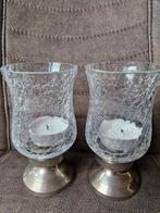 Set van 2 Crackle Glass Kaarsenhouders, Gebruikt, Ophalen of Verzenden, Metaal, Grijs