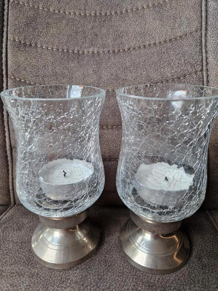 Set van 2 Crackle Glass Kaarsenhouders, Huis en Inrichting, Woonaccessoires | Kandelaars en Kaarsen, Gebruikt, Kandelaar, Minder dan 25 cm
