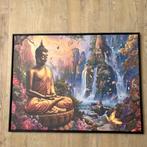 Canvas Boeddha met waterval - 100x75cm - met zwarte baklijst, Huis en Inrichting, Woonaccessoires | Wanddecoraties, Nieuw, Ophalen of Verzenden