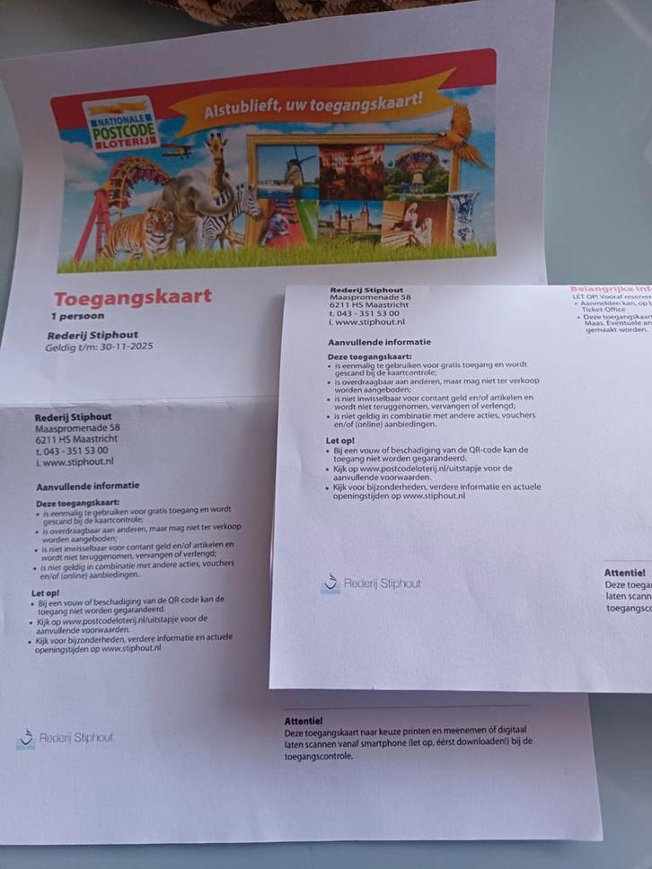 2 x  kaarten boottocht Rederij Stiphout, Tickets en Kaartjes, Recreatie | Overige, Twee personen, Ticket of Toegangskaart