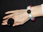 Zwarte bloem ring en kralen armband, Sieraden, Tassen en Uiterlijk, Ringen, Kunststof, Gebruikt, 19 tot 20, Zwart