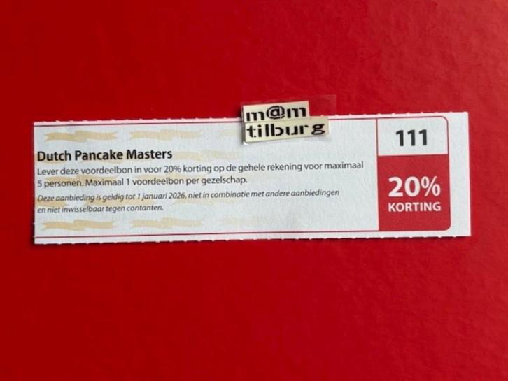 Bon 111 Dutch Pancake Masters 20% korting, Tickets en Kaartjes, Kortingen en Cadeaubonnen, Drie personen of meer, Overige typen