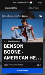 2x kaartjes Benson Boone op 11 November in de Ziggo Dome, Tickets en Kaartjes, Twee personen, November