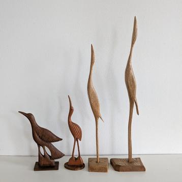 4 x vintage houten beeld vogel kraanvogel reiger Teak Hout  beschikbaar voor biedingen
