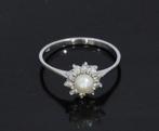 Bloem rozet 10 diamanten parel ring 14k wit goud dames luxe, Sieraden, Tassen en Uiterlijk, Ringen, Met edelsteen, Voordeelsieraden
