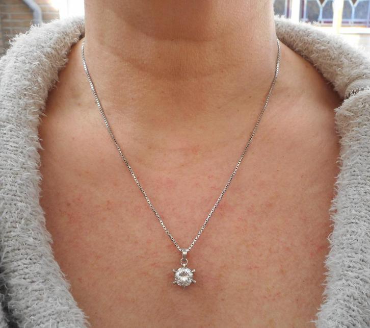 Zilveren ketting met hangertje heldere steen nr.1473, Sieraden, Tassen en Uiterlijk, Kettingen, Zo goed als nieuw, Zilver, Zilver