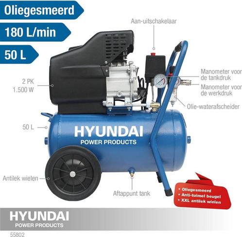 Hyundai compressor 55802 50L 8bar 2pk, Doe-het-zelf en Verbouw, Compressors, Nieuw, 6 tot 10 bar, 25 tot 100 liter, 200 tot 400 liter/min
