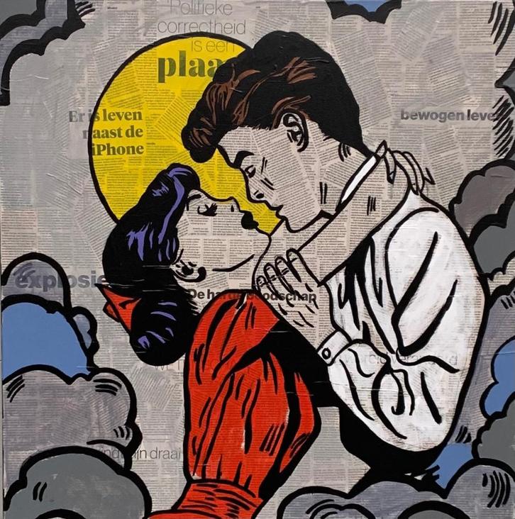 Schilderij Popart op Krant Liefde, Huis en Inrichting, Woonaccessoires | Schilderijen, Tekeningen en Foto's, Nieuw, Schilderij
